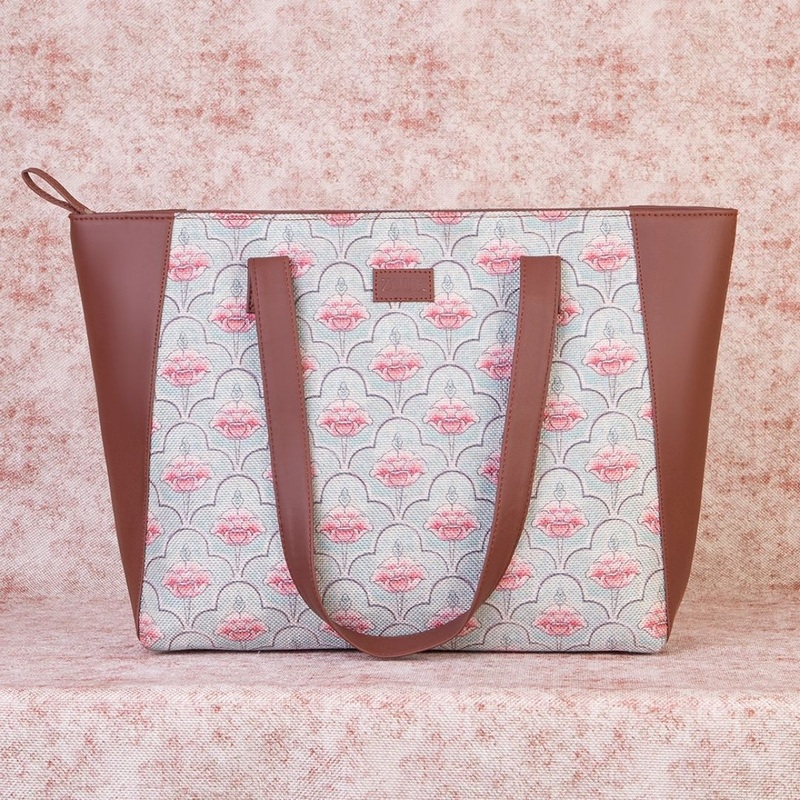 Karur Aquamarine Floral Motif Side Tote Bag