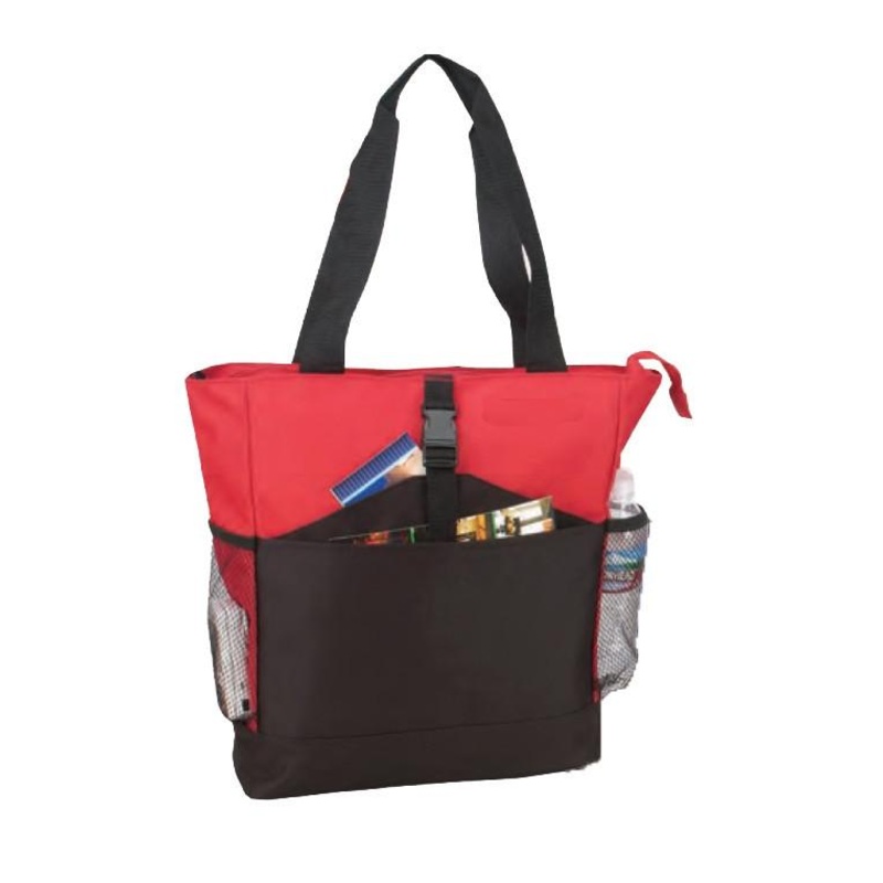 Zippered Poly Tote Bag with Side and Front Pockets