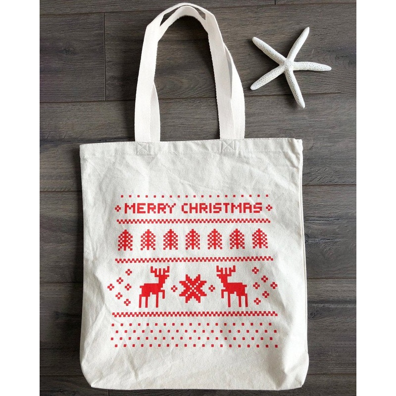 12 ct Merry Christmas 15 in Medium Canvas Tote Bags w/Gusset - By Dozen