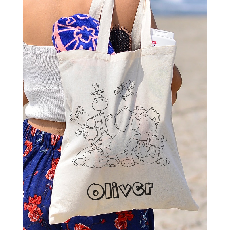 Black Color Zoo Tote Bag (Advance Level) - Coloring-Painting Bags for Kids