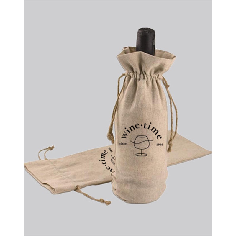 Printed Cotton-Jute Natural Wine Bags with Drawstrings Closure - Custom Jute Drawstrings With Your Logo