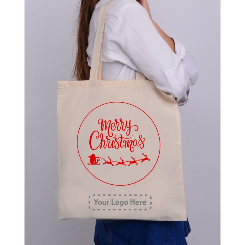 Santa Claus With a Reindeer Flying Red Color Christmas Tote Bag - Christmas Bags