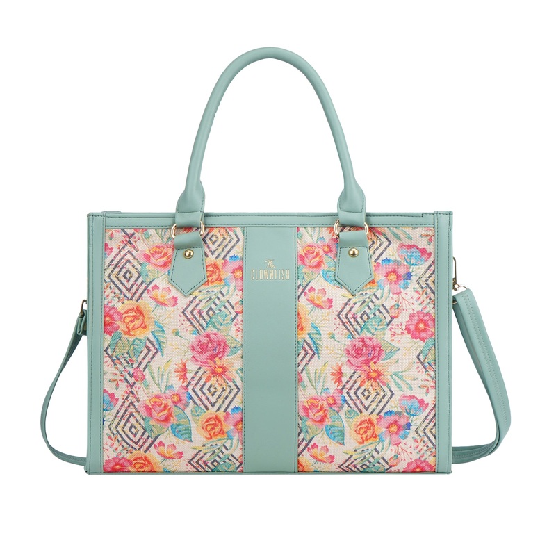 Allure Series Tote Bag: Stylish Green Jute & Vegan Leather | 13L | Floral Pattern