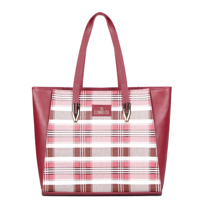 THE CLOWNFISH Agnes Handbag for Women Office Bag Ladies Shoulder Bag Tote For Women College Girls-Checks Design (Maroon)