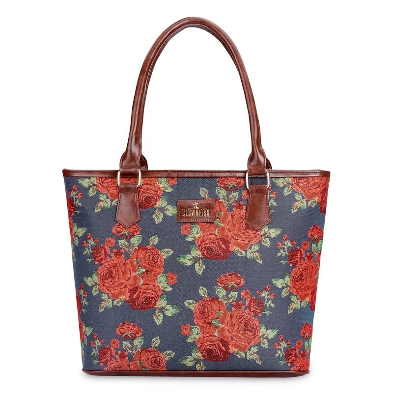 THE CLOWNFISH Justina Tapestry Fabric & Faux Leather Handbag for Women Office Bag Ladies Shoulder Bag Tote For Women College Girls (Pink-Floral)