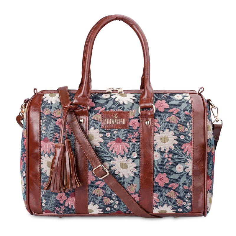 THE CLOWNFISH Lorna Tapestry Fabric & Faux Leather Handbag Sling Bag for Women Office Bag Ladies Shoulder Bag Tote For Women College Girls (Blue-Floral)