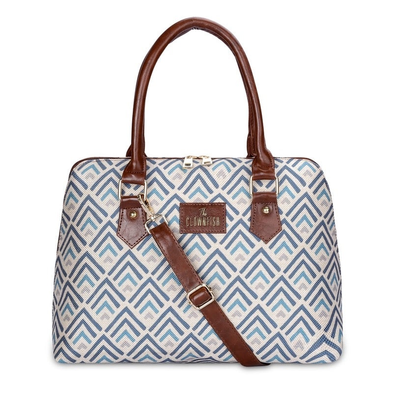 THE CLOWNFISH Montana Series Printed Handicraft Fabric & Faux leather Handbag for Women Office Bag Ladies Purse Shoulder Bag Tote For Women College Girls (Blue)