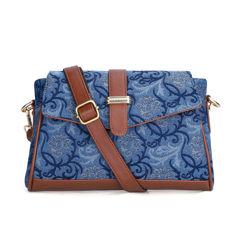 THE CLOWNFISH Odelina Series Tapestry Fabric Handbag for Women Sling Bag Office Bag Ladies Shoulder Bag with Snap Flap Closure & Shoulder Belt Totes For Women (BLUE-FLORAL)