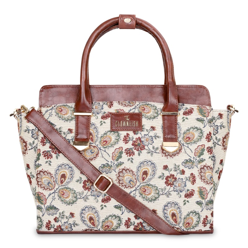 THE CLOWNFISH Zella Tapestry & Faux Leather Handbag for Women Sling Bag Office Bag Ladies Shoulder Bag with Shoulder Belt Tote For Women College Girls (Red-Floral)