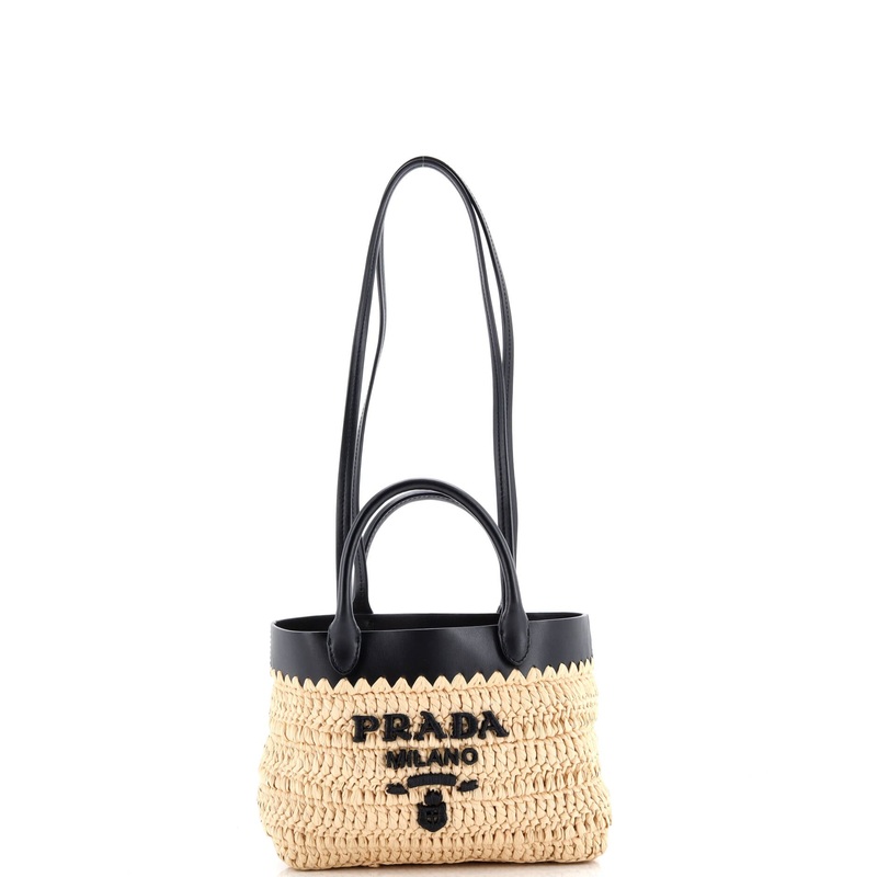 Double Handle Shopper Tote Woven Raffia with Leather Mini