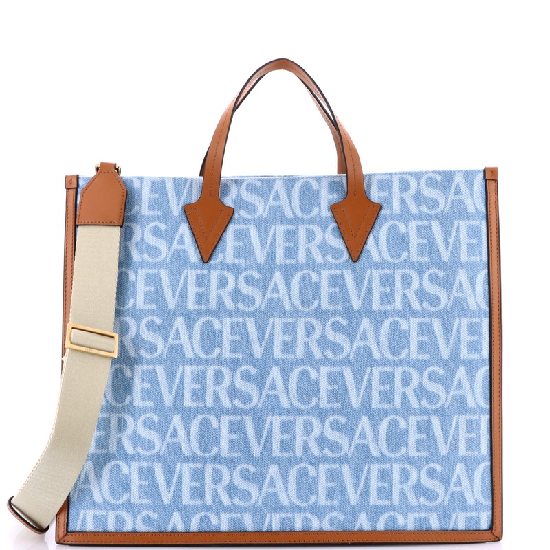 Allover Logo Convertible Tote Printed Denim with Leather Large