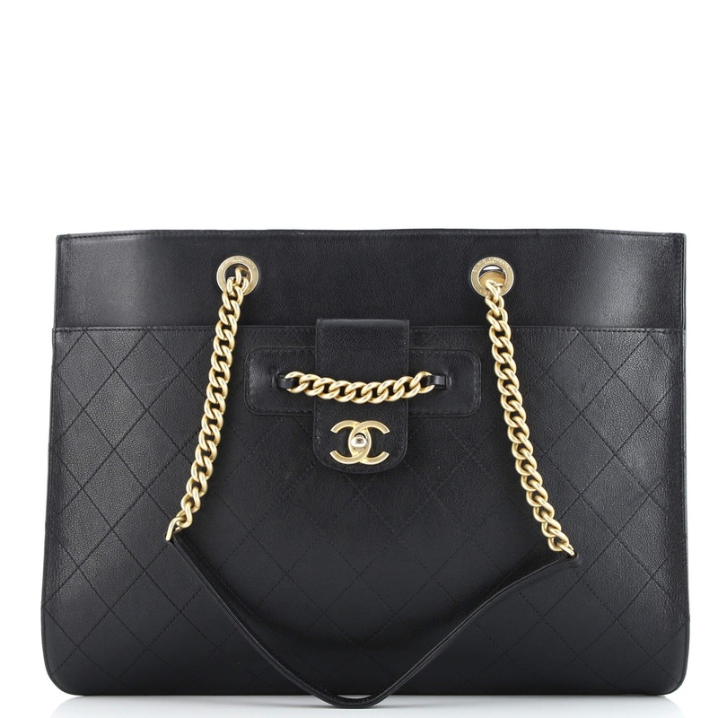 CC Front Chain Pocket Tote Stitched Leather Medium