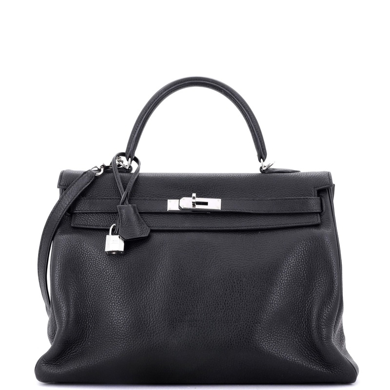 Kelly Handbag Noir Clemence with Palladium Hardware 35