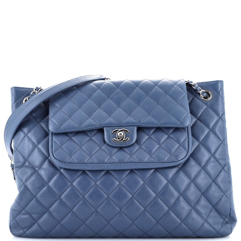 Classic Flap Shopping Tote Quilted Caviar Large