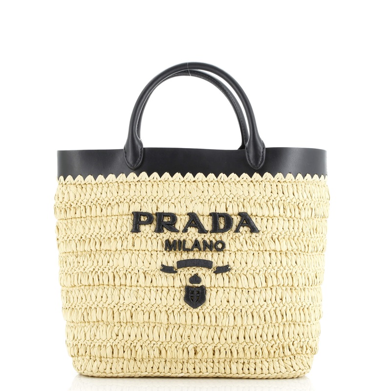 Logo Shopping Tote Raffia and Leather Small