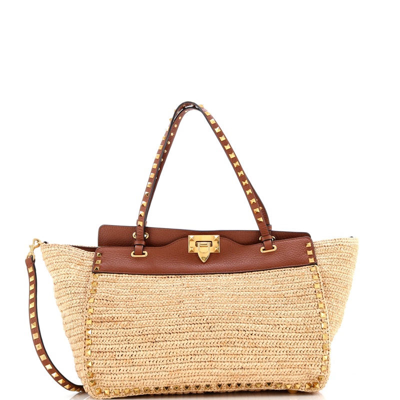 Rockstud Tote Raffia and Leather Medium