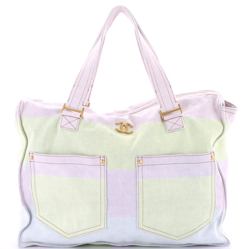 CC Double Pocket Tote Striped Denim Large