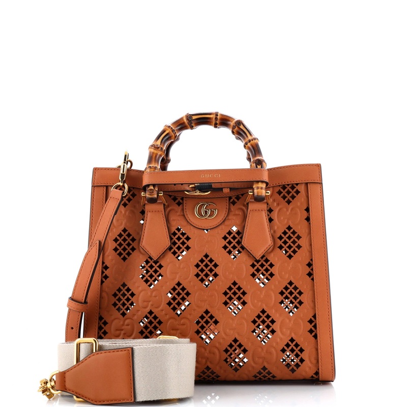 Diana NM Logo Bamboo Handle Tote GG Debossed Laser Cut Leather Small