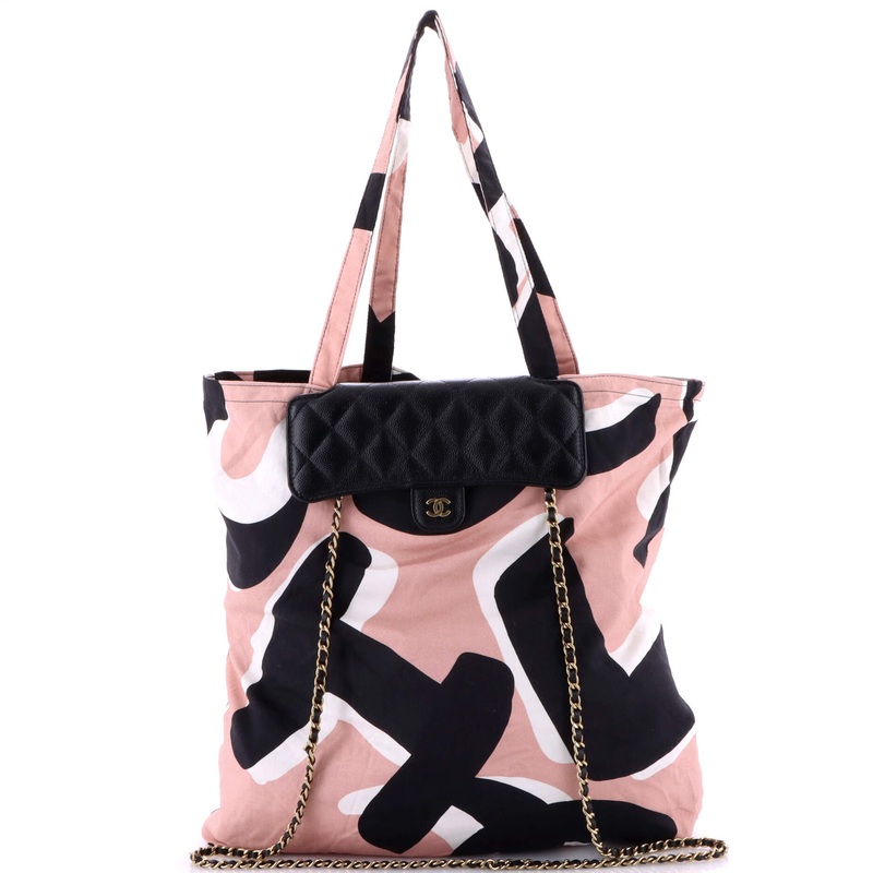 Foldable Tote Bag with Chain Quilted Caviar with Printed Nylon