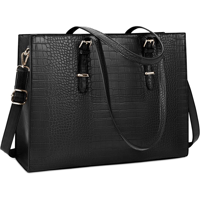 15.6 Inch Laptop Tote Bag for Women, Leather Business Briefcase, Shoulder Bag, Black