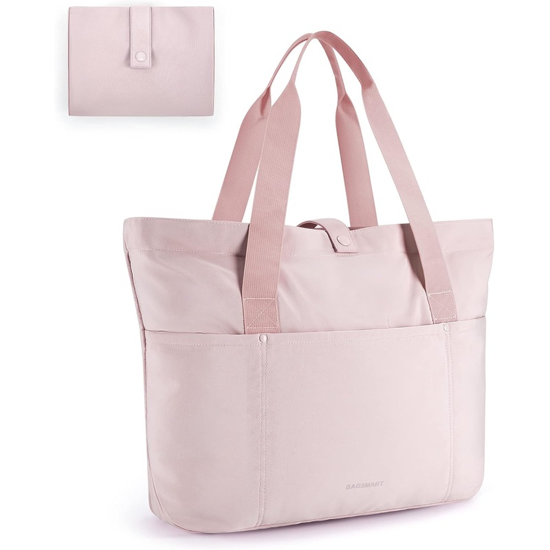 20L Tote Bag for Women with Zipper & Handle, Foldable Travel Shoulder Bag, Pink