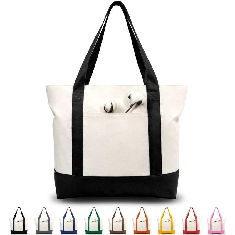 Canvas Tote Bag with External Pocket & Zipper (Black/Natural)