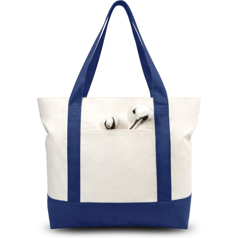Canvas Tote Bag with External Pocket & Zipper (Blue/Natural)