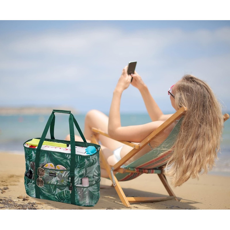 Extra Large Mesh Beach Tote Bag with 9 Pockets & Zipper