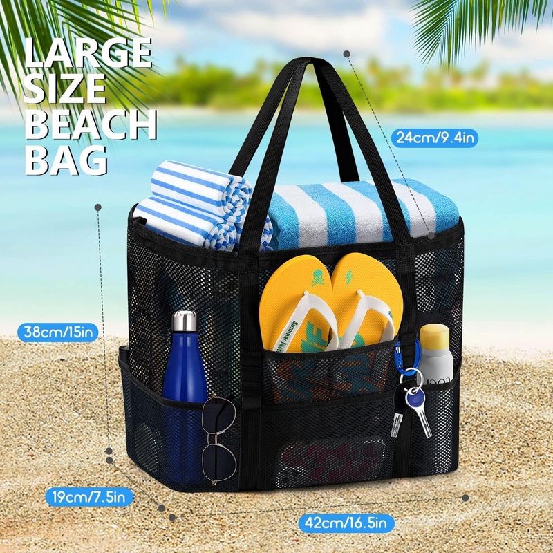 Foldable Mesh Beach Tote Bag with Zipper Pockets