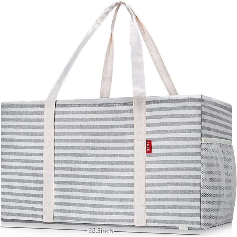 Foldable Standing Tote Bag with Metal Wire Frame Handle Beach Bag