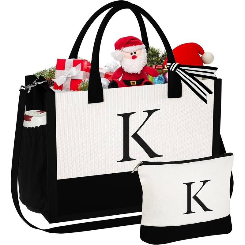 Initial Canvas Tote & Makeup Bag Set with Detachable Strap Beach Tote Bag