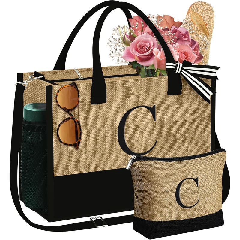 Initial Jute Tote & Makeup Bag Set with Detachable Strap Beach Tote Bag