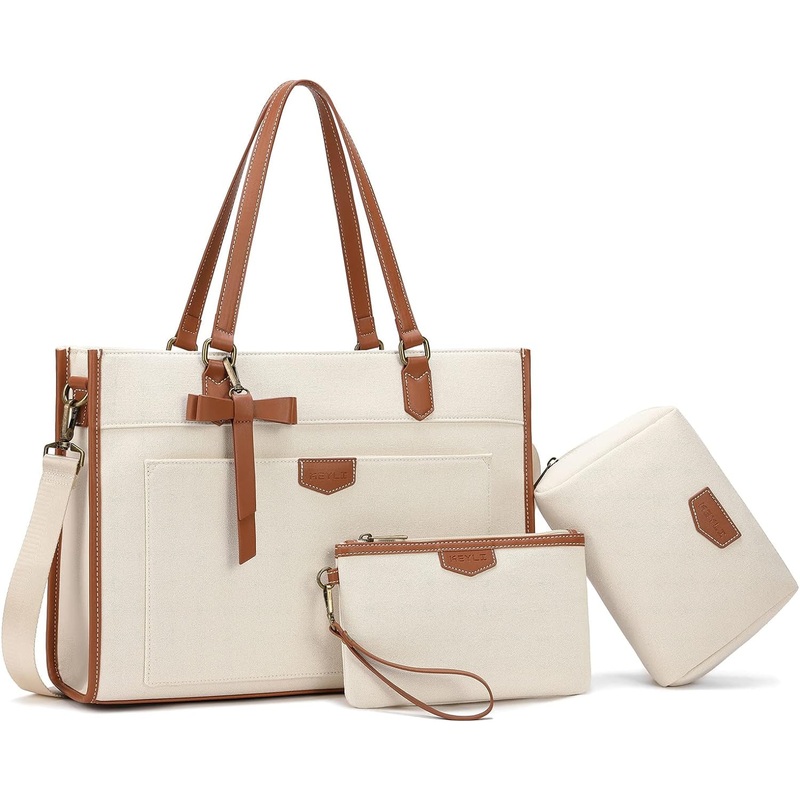 Keyli 3Pcs Laptop Bag for Women,15.6 Inch Canvas Tote Bag Work Bags Large Business Computer Briefcase Shoulder Handbag Purse