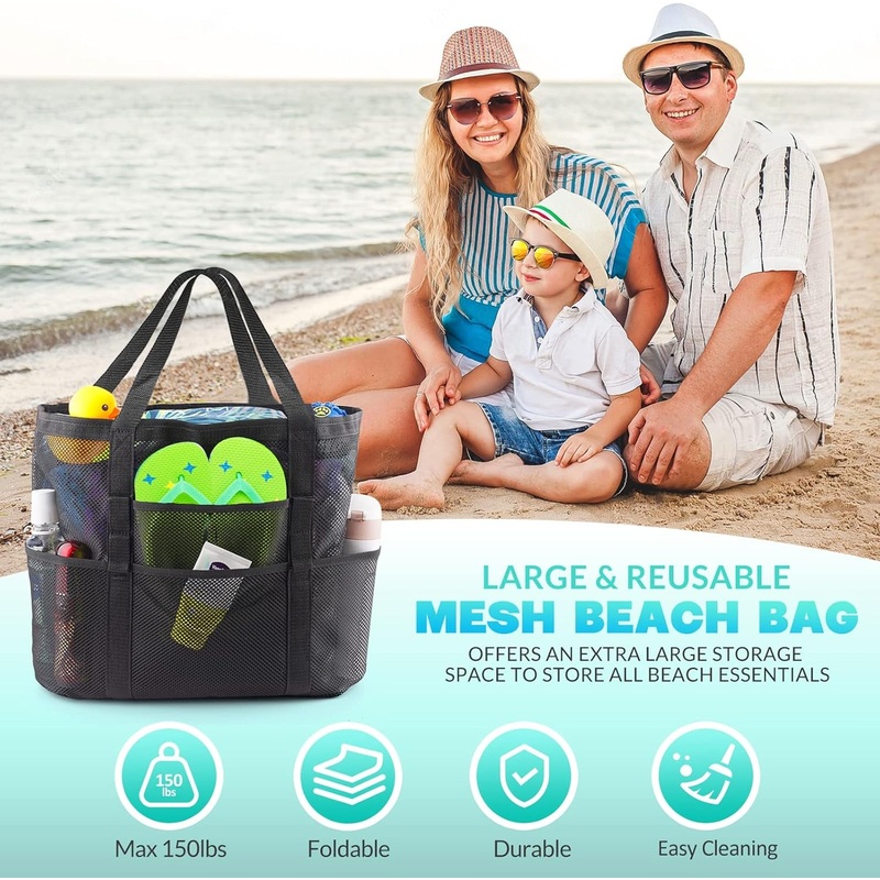 Large Foldable Mesh Beach Tote Bag with 9 Pockets