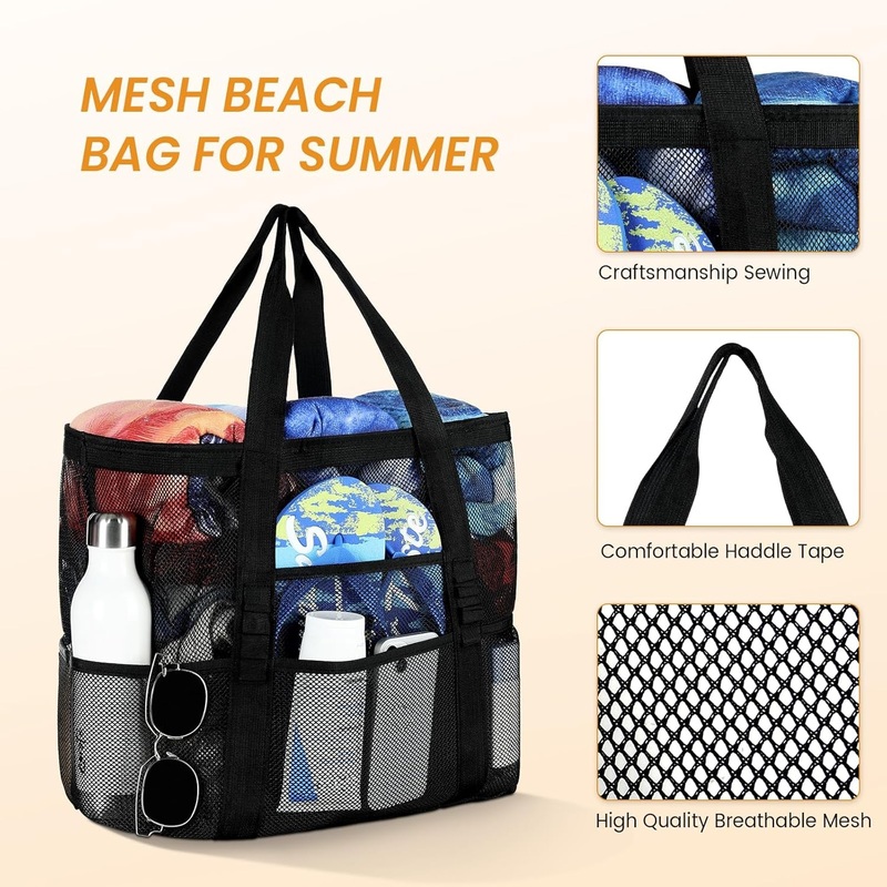 Large Mesh Beach Tote Bag with Multi Functional Pockets