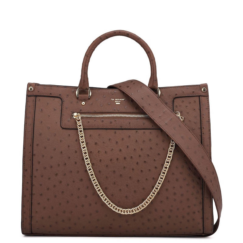 Large Ostrich Leather Book Tote - Brown