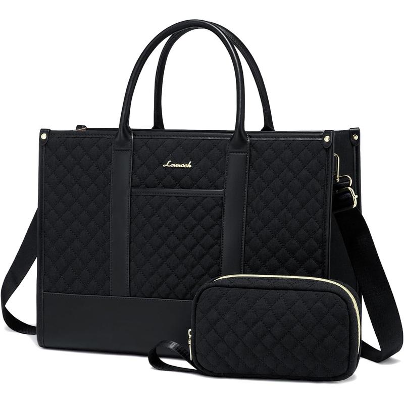 LOVEVOOK Laptop Bags for Women, 15.6 Inch Waterproof Work Tote Bag with Clutch, Professional Teacher Computer Purse Lightweight Shoulder Bag Travel, Quilted Black