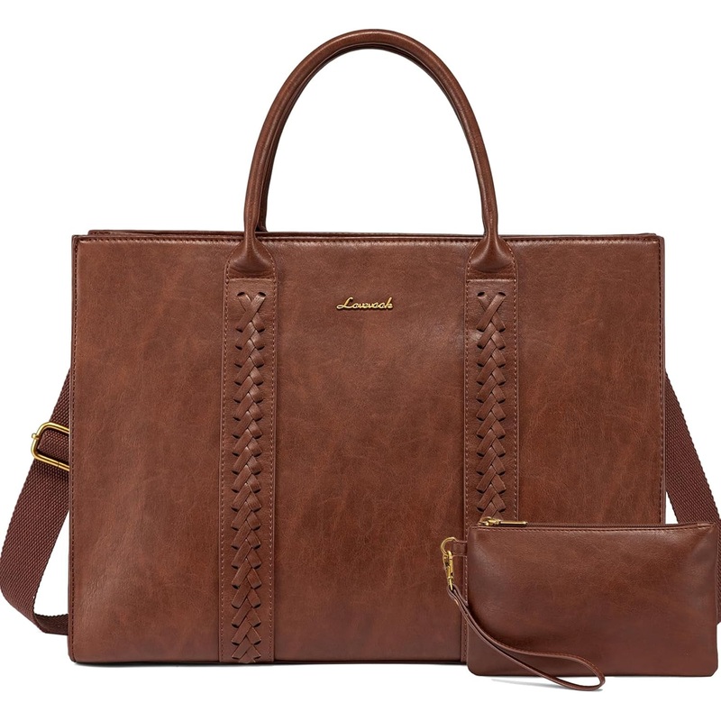 LOVEVOOK Laptop Tote Bag for Women, Vintage Leather Work Bag with Cup Holder, Waterproof Computer Purse, Professional Briefcase Office Shoulder Handbag, 15.6 Inch, Brown