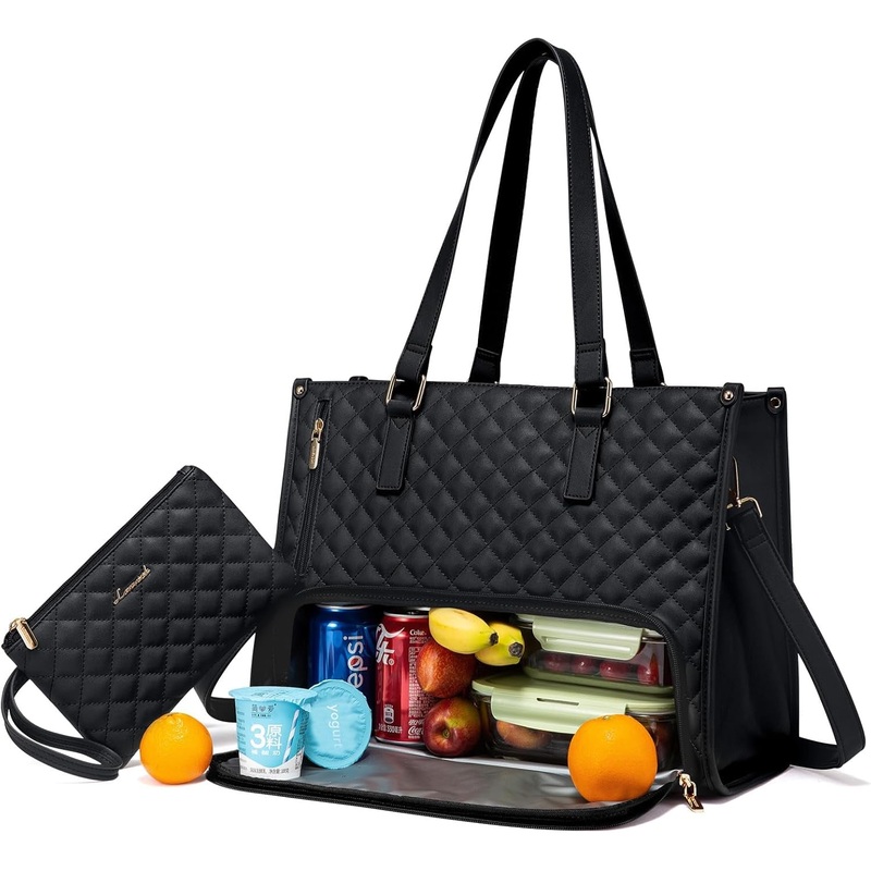 LOVEVOOK Lunch Tote Bag for Women, 15.6 Inch Laptop Bag with Insulated Lunch Compartment, Quilted Large Capacity Computer Handbag with Purse for Business, Work, Nurse, Office, Collage, Casual, Black