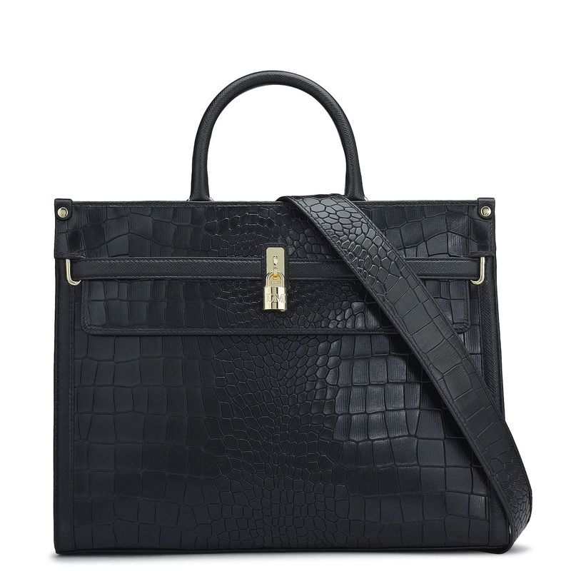 Medium Croco Leather Book Tote - Black