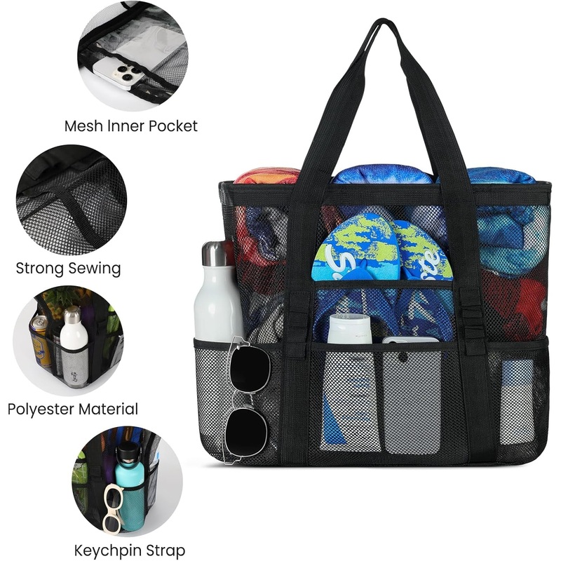 Mesh Beach Tote Bag with 8 Pockets, Lightweight Foldable for Beach Vacations & Family Trips