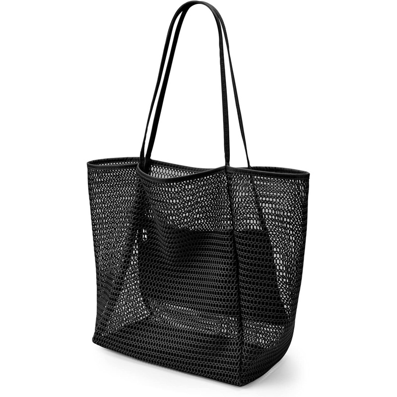 Nylon Mesh Beach Tote Bag, 23L Casual Hobo Bag, Foldable Shoulder Bag, Black