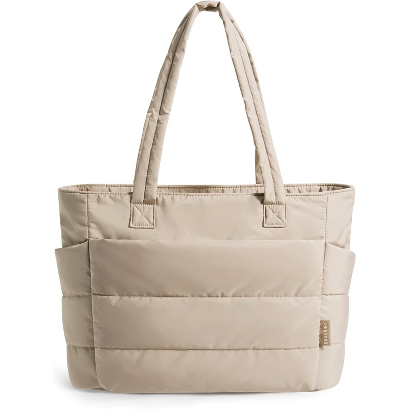 Puffer Tote Bag for Women with Laptop Compartments, Quilted Shoulder Bag, Camel
