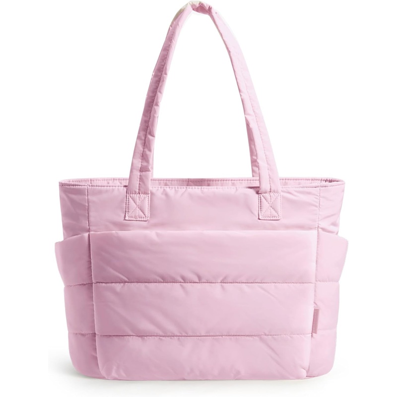 Puffer Tote Bag for Women with Laptop Compartments, Quilted Shoulder Bag, Pink