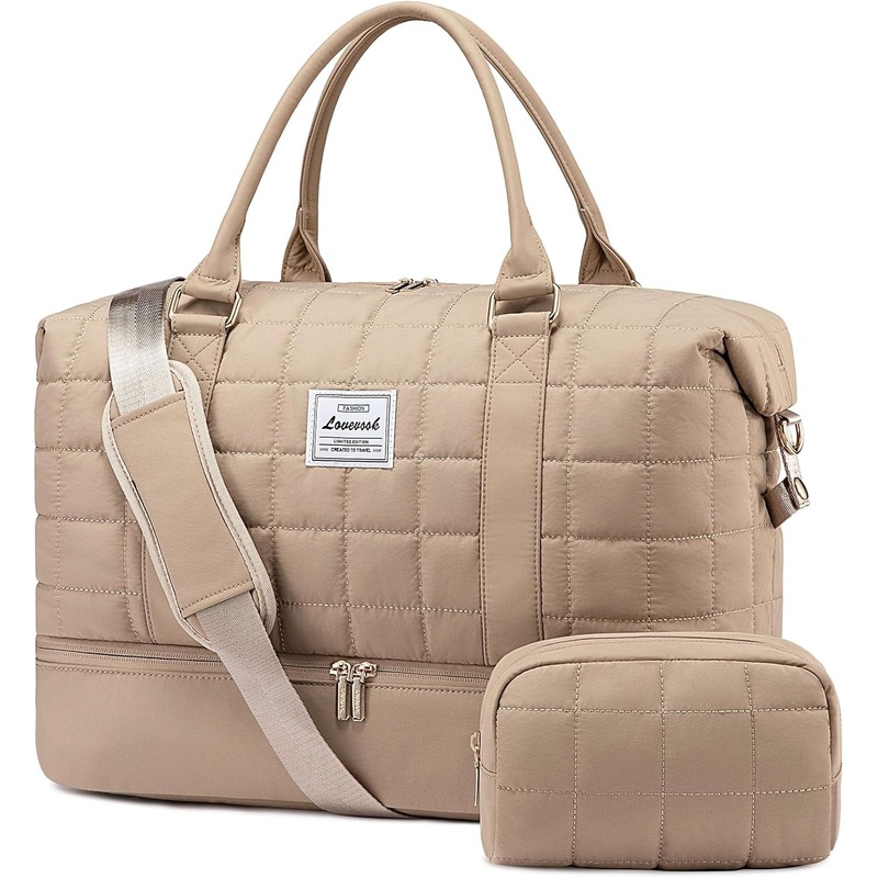 Weekend Travel Duffle Bag, Quilted Puffer Tote Bag for Women, 18 Inch Gym Bag, Coffee