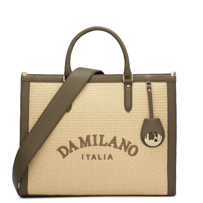 Medium Raffia Wax Leather Book Tote - Beige & Moss