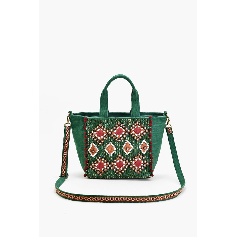Embellished Tote Mini with Adjustable Strap Green Geo