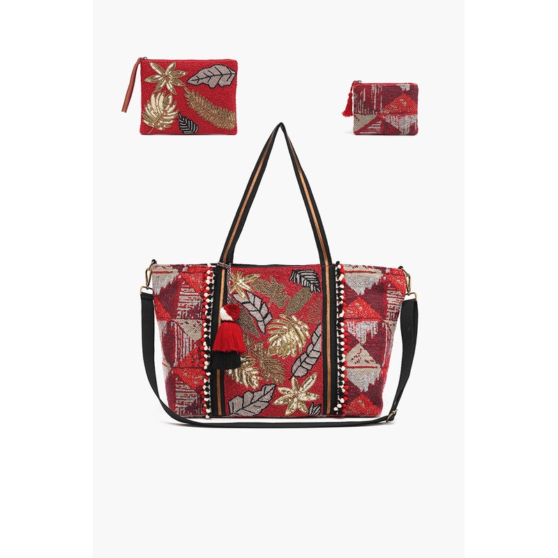 Embellished Tote with Pouch & Coin Red Floral