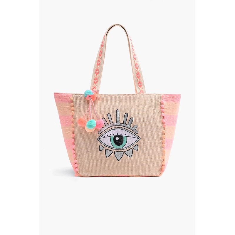 Bling Eye Tote - Pink And Teal Hand Beaded Evil Eye Tote
