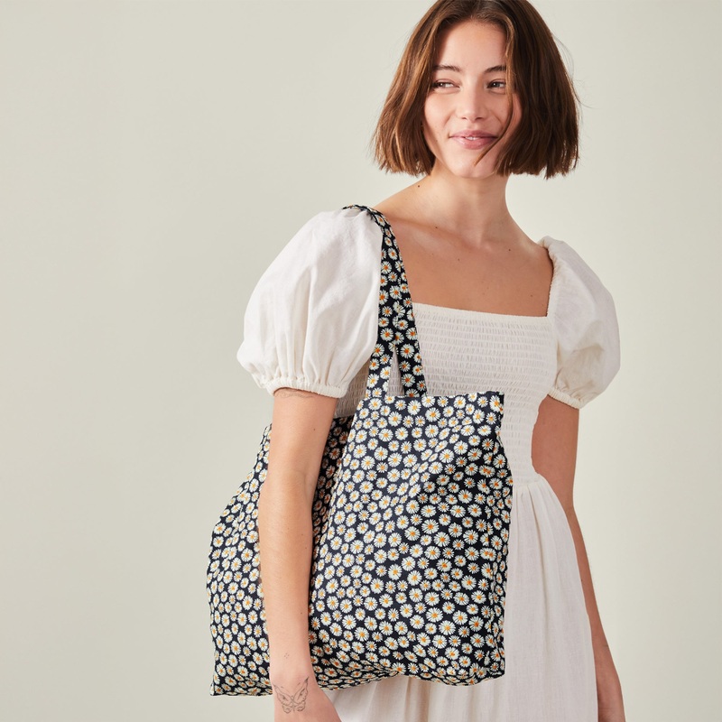 Blue Daisy Print Cotton Shopper Bag